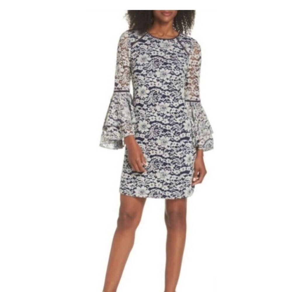 NWT Chelsea28 Nordstrom Navy Ivory Layla Lace Bell-Sleeve Dress